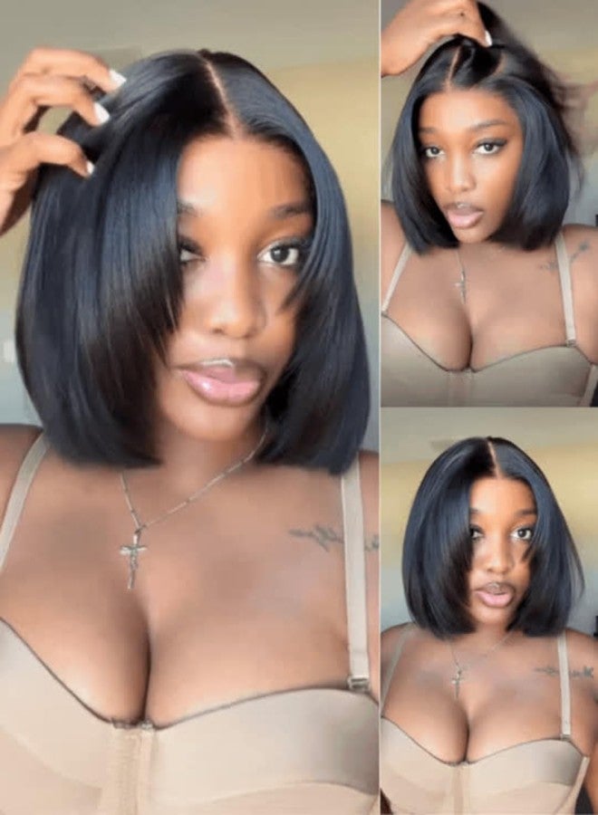 Nadula Yaki Straight Bob Drawstring Wig Human Hair with Face Framing Layers 180% Density, Glueless 7x5 Bye Bye Knots Wig Pre Cut/Plucked/Bleached Knots Ready to Go Short Layered Yaki Bob Wig 10inch - Image 1