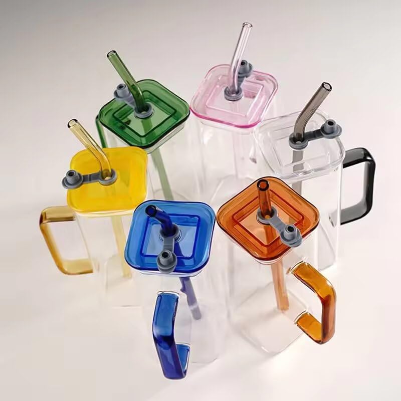 ZROY ENTERPRISE Random Color Glass - 400ml - Pack of 2 - Fruit Juice Soda Milk Sipper Tumbler Mug with Acrylic/Wooden Lid and Glass Straw Tea and Coffee Cup Can Set (2, Acrylic Lid Square) - Image 5