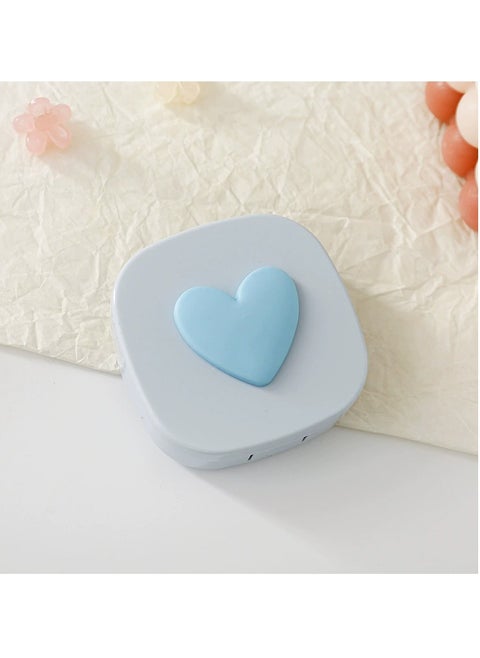 3D Heart Design Contact Lens Cases, Macaroon Color Travel Lens Case Kit with Mirror Bottle Tweezers (Blue)