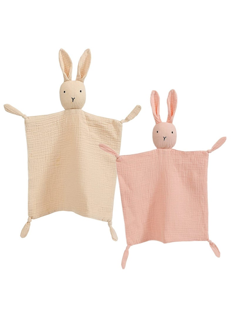 CMGTYYD Bunny Lovey Blanket for Boys and Girls, Organic Cotton Muslin Security Blanket for Babies, Soft Breathable Lovie Soothing Towel for Newborn and Infant, 2 Pcs Set (Khaki&Pink)  - Image 1