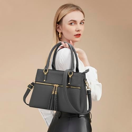 KKXIU 3 Zippered Compartments Purses and Handbags for Women Vegan Leather Ladies Multi Pocket Satchel Bags (D-grey) - Image 2