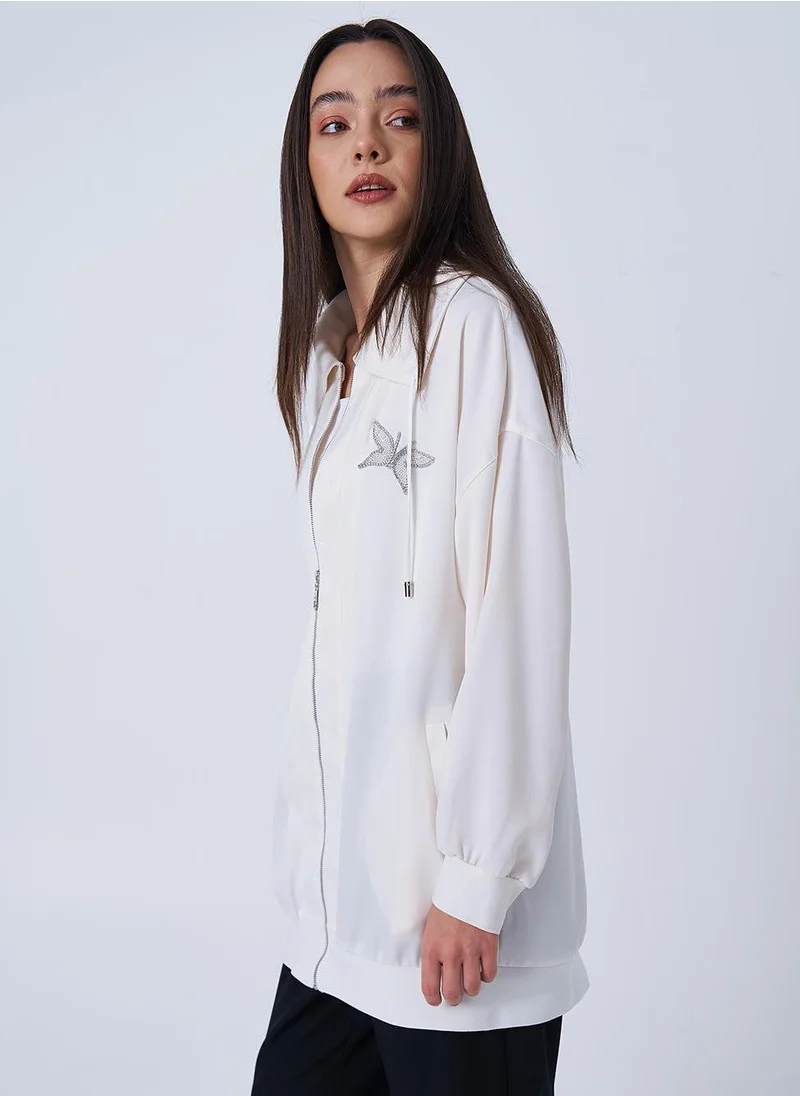 Kayra Butterfly Pattern Jacquard Jacket Ecru