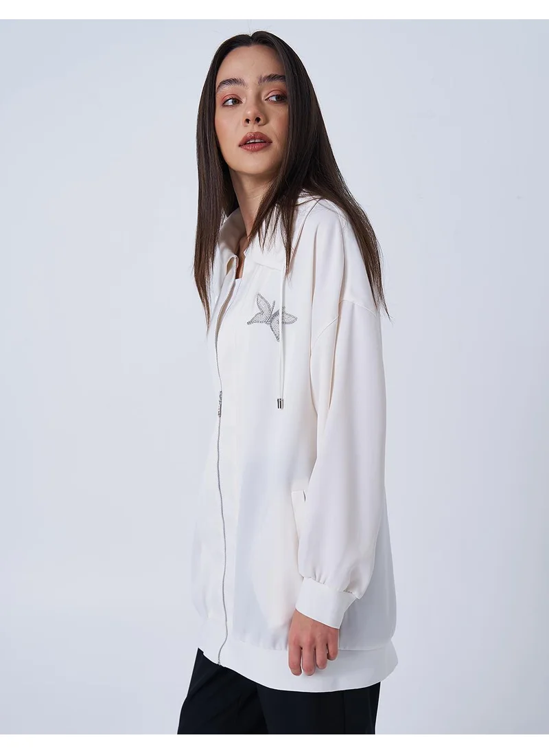 Kayra Butterfly Pattern Jacquard Jacket Ecru
