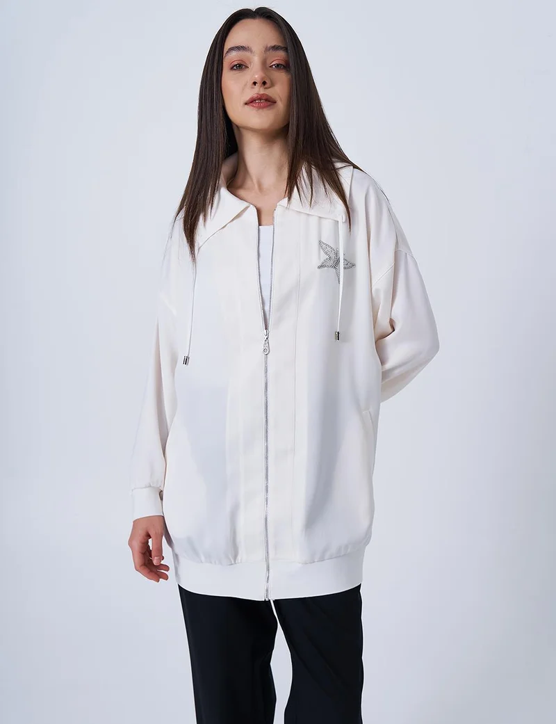 Kayra Butterfly Pattern Jacquard Jacket Ecru