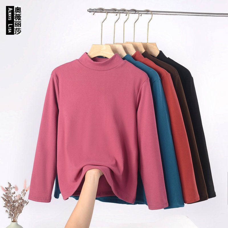 Chubby Girl Plus Size Women'S Half-High Collar Long-Sleeved T-Shirt Women'S Loose Korean Base Shirt Solid Color Top - Image 2