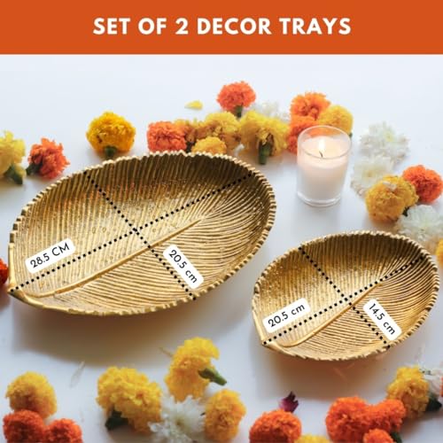 Behoma Metal Leaf Shape 11 & 8 inches Tray | Perfect for Haldi, Mehendi, Reception Entrance Decoration | Special Navratri Tray for Centre Table | Gold (Set of 2) 1 Large & 1 Small (Only Trays) - Image 4