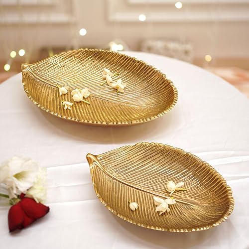 Behoma Metal Leaf Shape 11 & 8 inches Tray | Perfect for Haldi, Mehendi, Reception Entrance Decoration | Special Navratri Tray for Centre Table | Gold (Set of 2) 1 Large & 1 Small (Only Trays) - Image 2