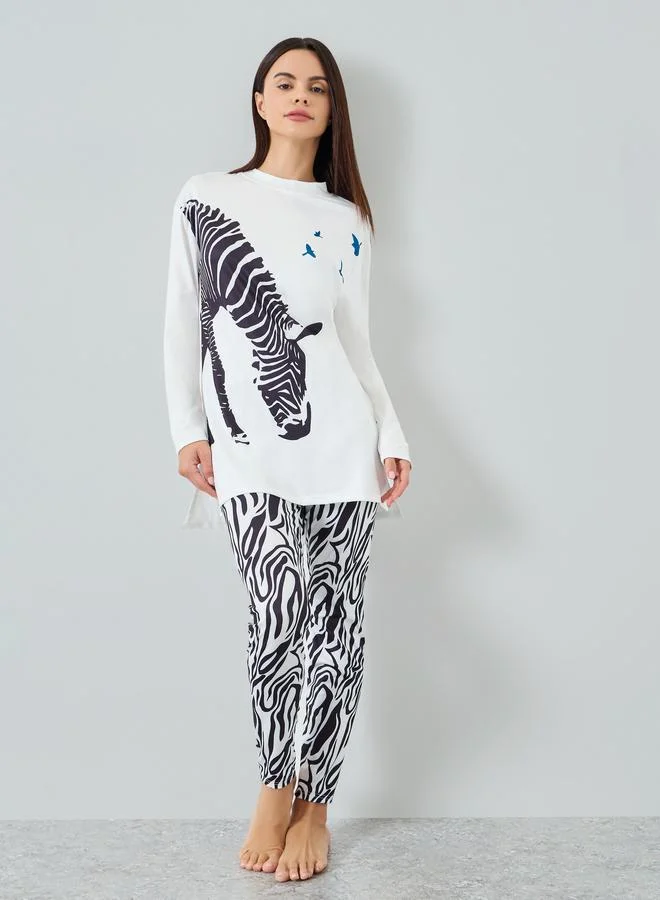 تايك تو Women Zebra Graphic Printed Top and Pyjama Set