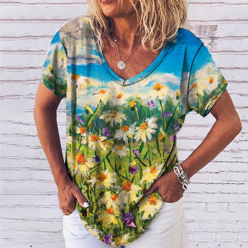2022 Summer Cross-Border Supply of 3D Digital Printed Short-Sleeved V Neck Women's Loose-Fitting Women's T-Shirts - Image 1