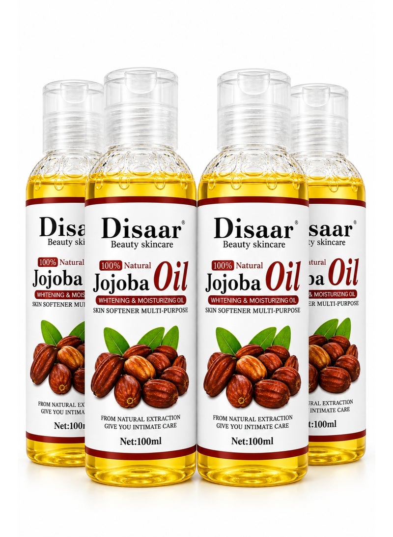 Disaar Jojoba Oil 100ml Pack of 4, 100% Natural Jojoba Oil, Whitening & Moisturizing Skin Softener, Multi-Purpose Body Care Oil