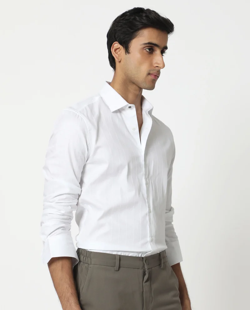 Rare Rabbit Rare Rabbit Mens Gazan White Cotton Fabric Full Sleeves Regular Fit Dobby Self Stripe Shirt