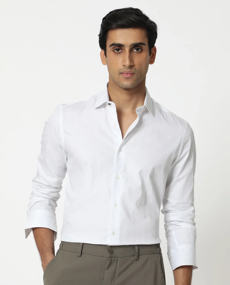Rare Rabbit Rare Rabbit Mens Gazan White Cotton Fabric Full Sleeves Regular Fit Dobby Self Stripe Shirt
