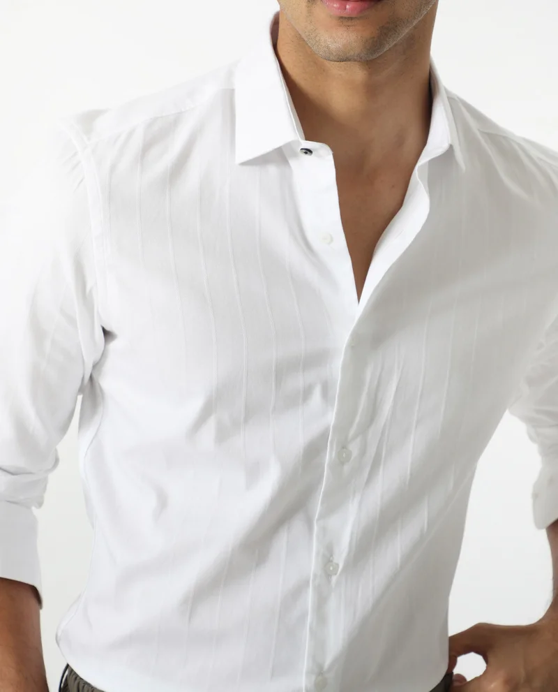 Rare Rabbit Rare Rabbit Mens Gazan White Cotton Fabric Full Sleeves Regular Fit Dobby Self Stripe Shirt