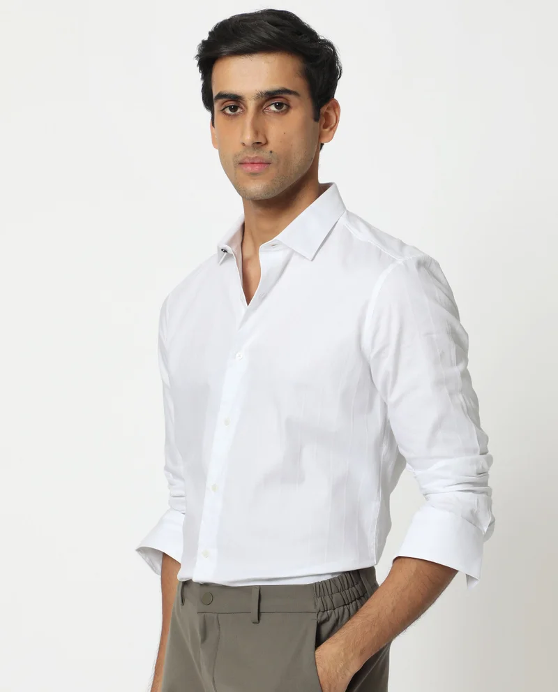 Rare Rabbit Rare Rabbit Mens Gazan White Cotton Fabric Full Sleeves Regular Fit Dobby Self Stripe Shirt