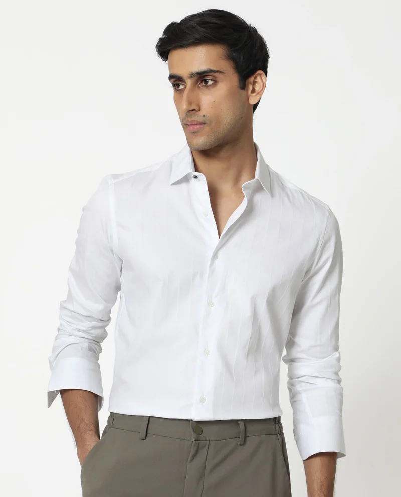 Rare Rabbit Rare Rabbit Mens Gazan White Cotton Fabric Full Sleeves Regular Fit Dobby Self Stripe Shirt