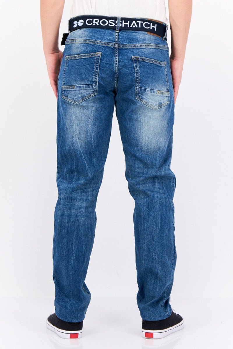 CROSSHATCH Men Regular Fit Washed Belted Stretchable Jeans, Blue - Image 3