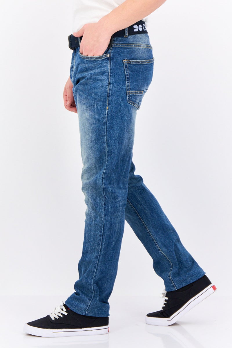 CROSSHATCH Men Regular Fit Washed Belted Stretchable Jeans, Blue - Image 2