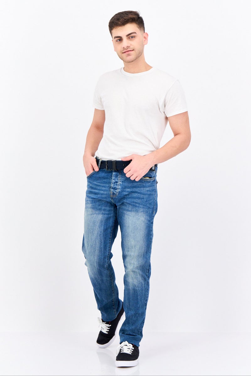 CROSSHATCH Men Regular Fit Washed Belted Stretchable Jeans, Blue - Image 4