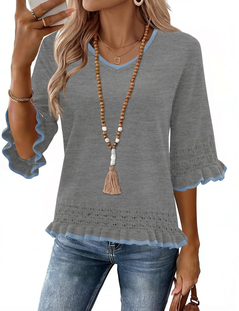 LOMON Sweater for Women 2026 Fashion Cute Lightweight Sweaters Business Casual Clothes V Neck Workout Tops Gray Blue Edged M - Image 1