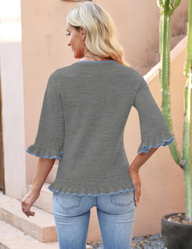 LOMON Sweater for Women 2026 Fashion Cute Lightweight Sweaters Business Casual Clothes V Neck Workout Tops Gray Blue Edged M - Image 4