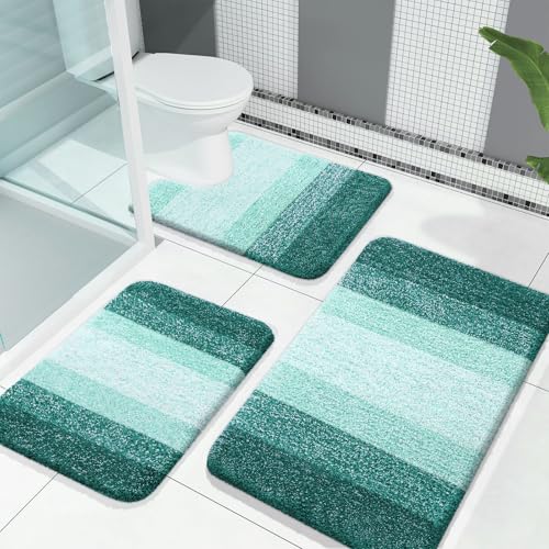 OLANLY Bathroom Rugs Sets 3 Piece, Soft Absorbent Microfiber Bath Mats and U-Shaped Contour Toilet Rug, Plush Shaggy Bath Mat Set for Bathroom (30"x20"+24"x16"+24"x20", Blackish Green) - Image 1