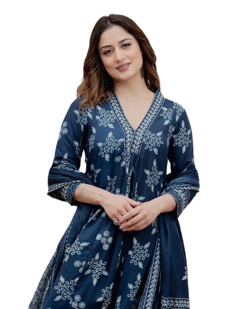 Arayna Women’s Pure Cotton Handblock Ethnic Printed Kurta Set with Pants & Dupatta - Indigo Blue, X-Large - Image 1