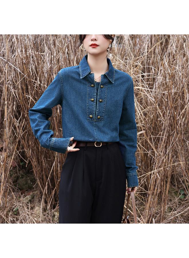 VUELO Retro Hong Kong Style High-grade Denim Shirt For Women Spring And Autumn New Style All-matching Nostalgic Long-sleeved Shirt - Image 2