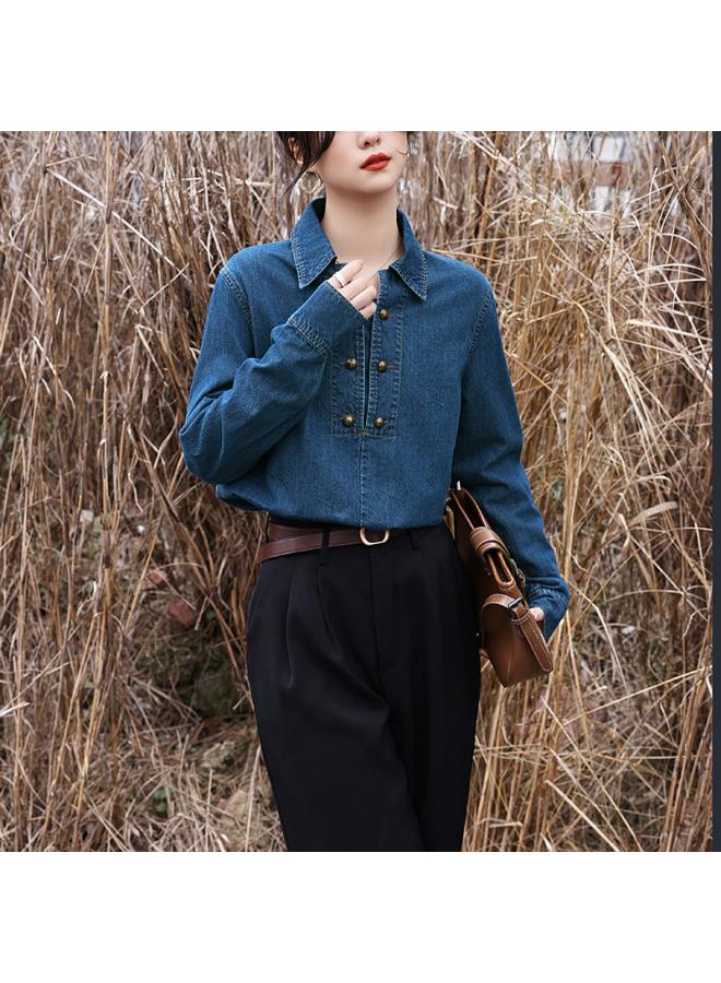 VUELO Retro Hong Kong Style High-grade Denim Shirt For Women Spring And Autumn New Style All-matching Nostalgic Long-sleeved Shirt - Image 3