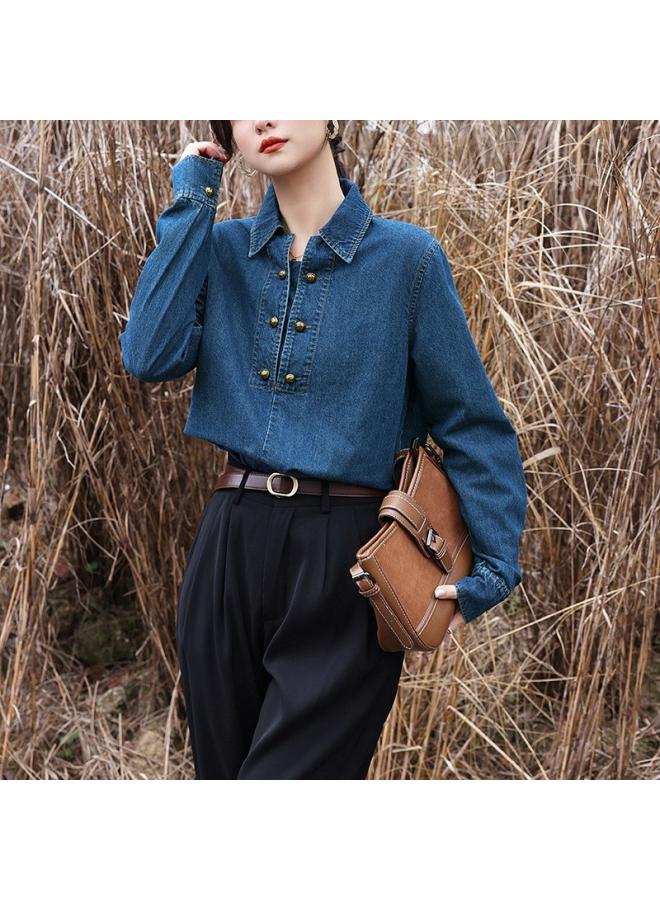 VUELO Retro Hong Kong Style High-grade Denim Shirt For Women Spring And Autumn New Style All-matching Nostalgic Long-sleeved Shirt - Image 1