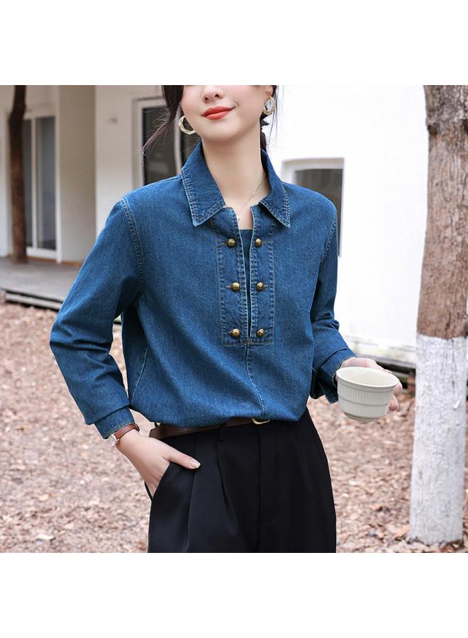 VUELO Retro Hong Kong Style High-grade Denim Shirt For Women Spring And Autumn New Style All-matching Nostalgic Long-sleeved Shirt - Image 4