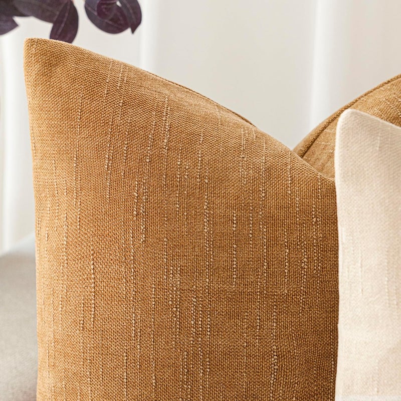 Foindtower Set of 2 Soft Textured Chenille Throw Decorative Pillow Covers Square Accent Solid Cushion Cover Neutral Farmhouse Pillow Case for Couch Sofa Bedroom Living Room 26x26 Inch,Golden Brown - Image 2