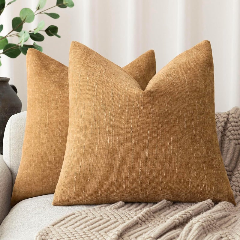 Foindtower Set of 2 Soft Textured Chenille Throw Decorative Pillow Covers Square Accent Solid Cushion Cover Neutral Farmhouse Pillow Case for Couch Sofa Bedroom Living Room 26x26 Inch,Golden Brown - Image 1