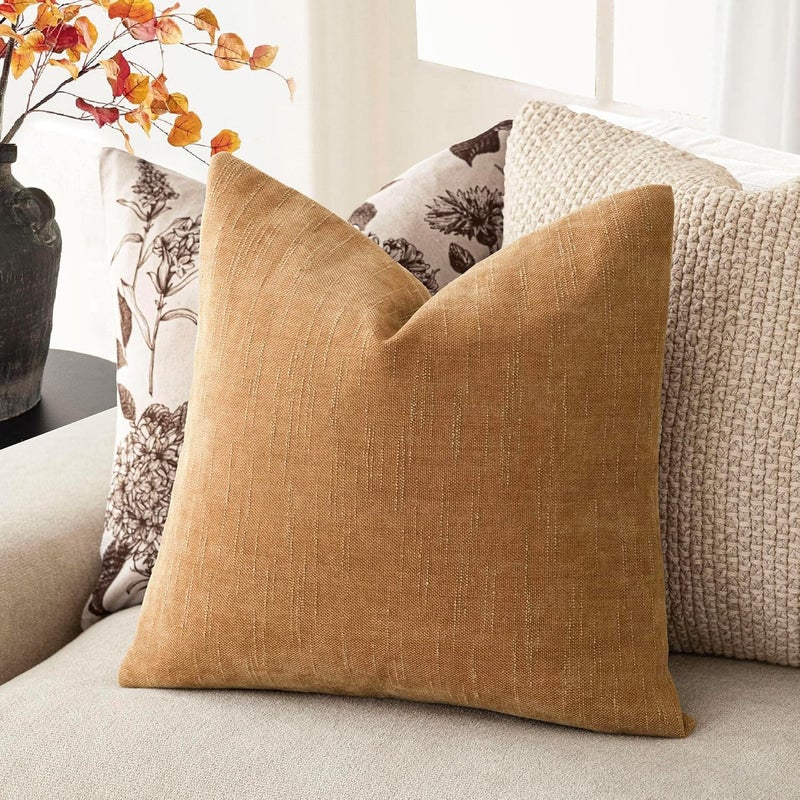 Foindtower Set of 2 Soft Textured Chenille Throw Decorative Pillow Covers Square Accent Solid Cushion Cover Neutral Farmhouse Pillow Case for Couch Sofa Bedroom Living Room 26x26 Inch,Golden Brown - Image 5