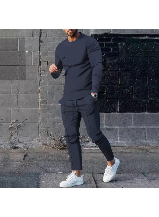 Men's Casual Long Sleeve T-Shirt And Pants Set round Neck Spring Two-Piece Pure Color Comfortable Lightweight Outfit - Image 1