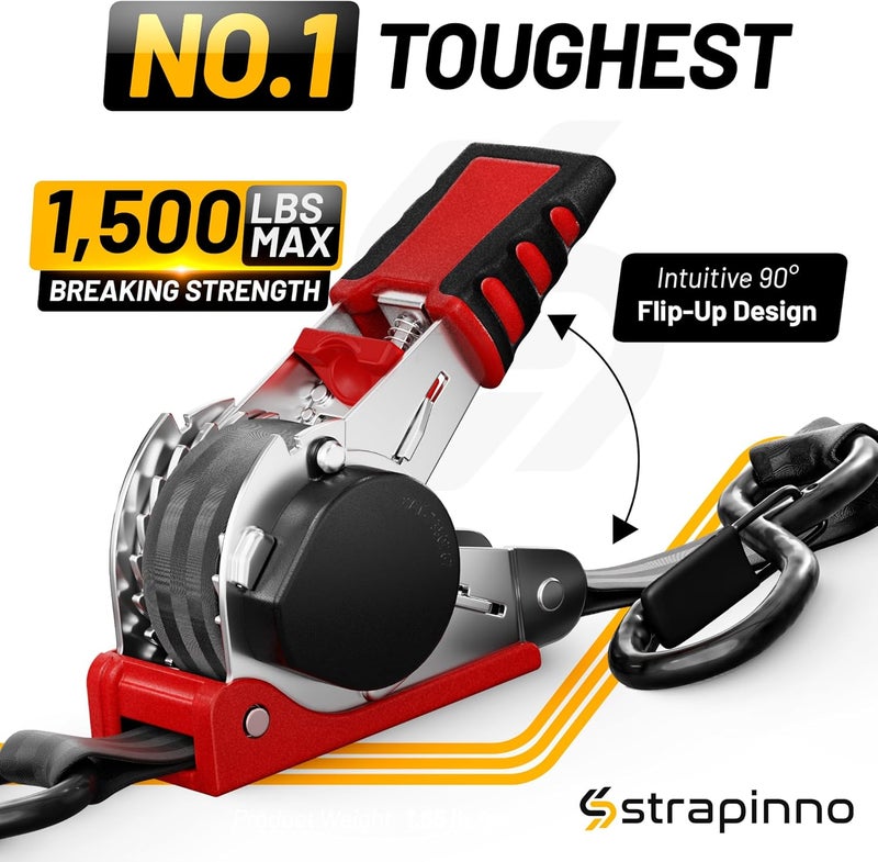 Strapinno 1 in x 10 ft Retractable Ratchet Straps - 4 Pack with Rubber-Coated Handles and S-Hooks - Image 2