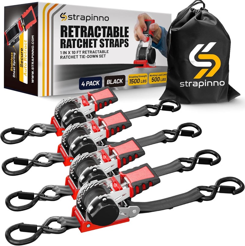 Strapinno 1 in x 10 ft Retractable Ratchet Straps - 4 Pack with Rubber-Coated Handles and S-Hooks - Image 1