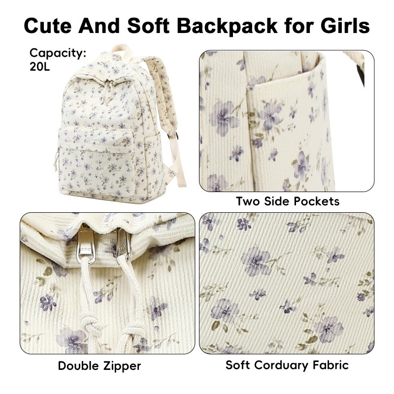 BTOOP School Backpack for Girls Teens Large Corduroy Bookbag Lightweight 15.6 inch Laptop Bag for Women Casual High School College (Purple Floral) - Image 5