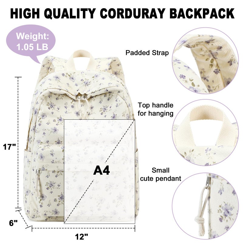 BTOOP School Backpack for Girls Teens Large Corduroy Bookbag Lightweight 15.6 inch Laptop Bag for Women Casual High School College (Purple Floral) - Image 3
