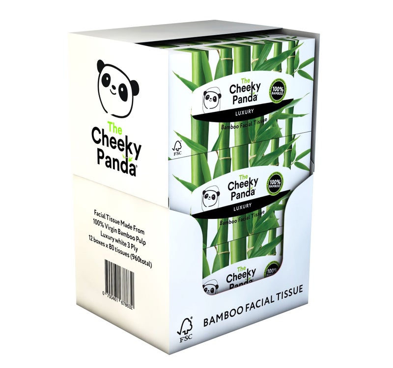 The Cheeky Panda صناديق مناديل الوجه من تشيكي باندا من الخيزران 12 × صندوق مناديل مسطحة 80 منديل لكل صندوق مناديل خيزران ناعمة 3 طبقات بالجملة مناديل مستدامة صندوق مسطح