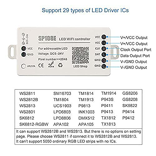 RGBZONE SP108E WiFi LED Controller, Smart APP Control, DC5V/12V/24V WS2812B WS2811 WS2815 WS2801 SK6812-RGBW WS2813 SK9822 etc Almost LED Strip Module Light - Image 3