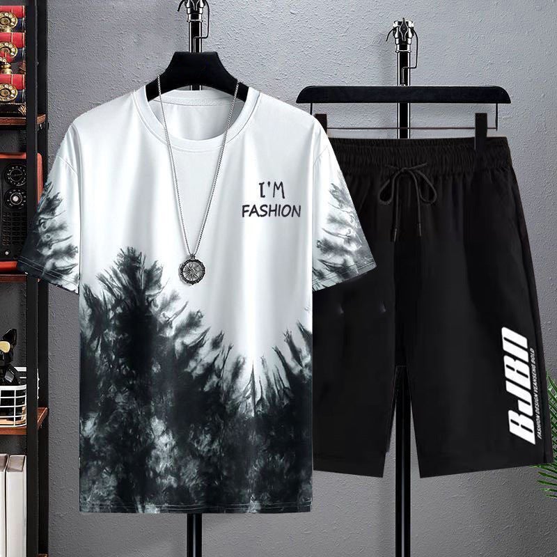 New Gradient Quick-Dry Mens T-shirt  Shorts Set Black pine short sleeve-suit