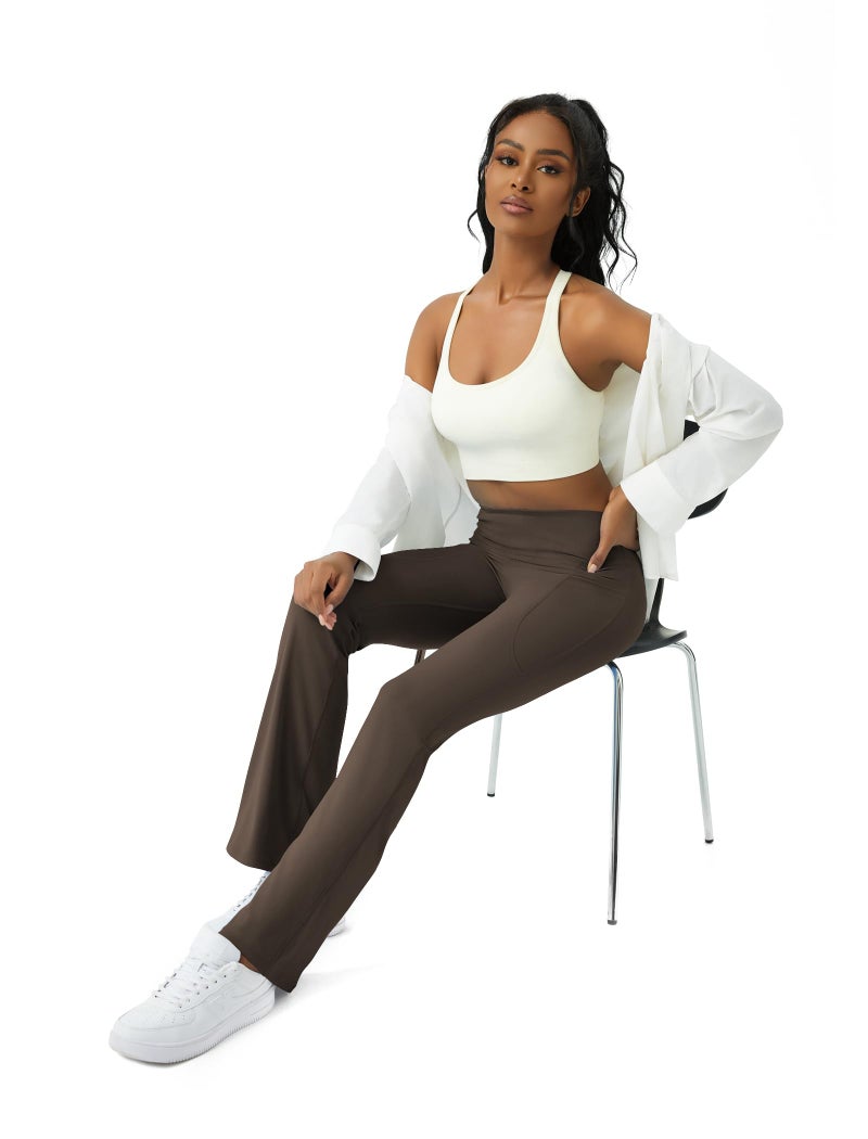 COPYLEAF Womens Yoga Pants with Pockets High Waisted Flare Leggings Bell Bottom Yoga Dress Pants Seamless Bootcut Pants(Brown L) - Image 3