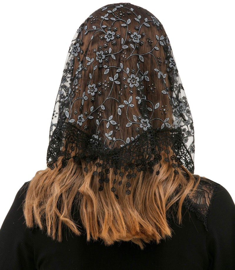 PAMOR Triangle Lace Veil Mantilla Cathedral Head Covering Chapel Veil for Mass Wedding Bridesmaids (Black) - Image 4