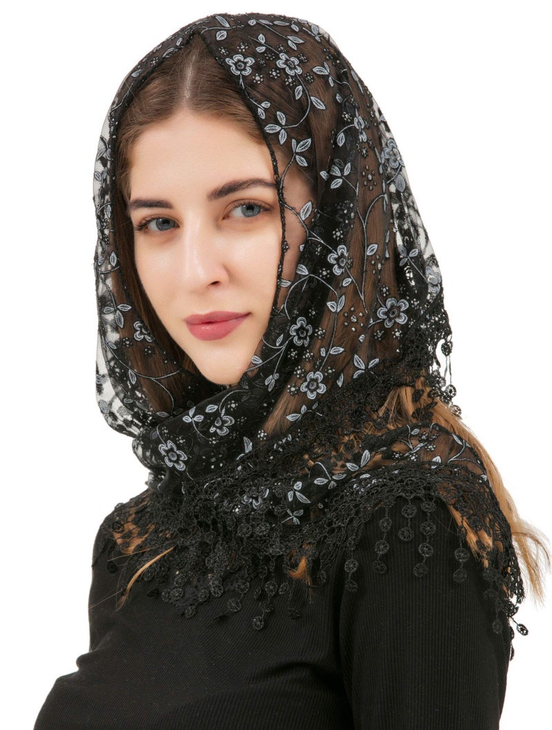 PAMOR Triangle Lace Veil Mantilla Cathedral Head Covering Chapel Veil for Mass Wedding Bridesmaids (Black) - Image 1