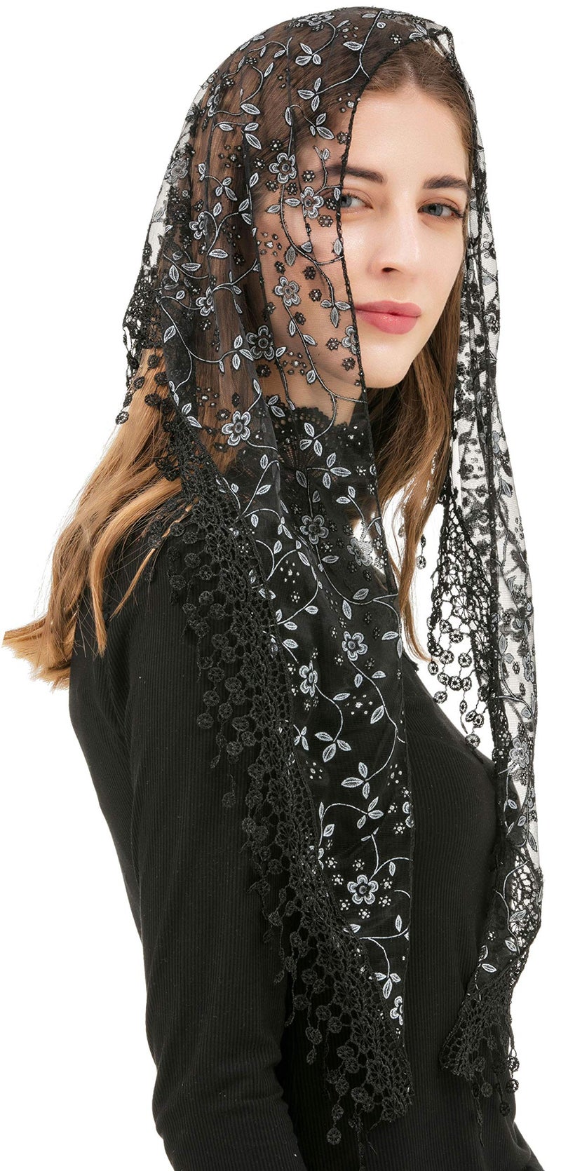 PAMOR Triangle Lace Veil Mantilla Cathedral Head Covering Chapel Veil for Mass Wedding Bridesmaids (Black) - Image 2