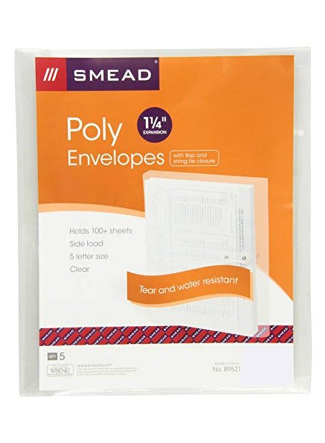 Smead Poly Envelope, 1 1/4 Inch Expansion, String-Tie Closure, Side Load, Letter Size, Clear, 5 per Pack (89521)