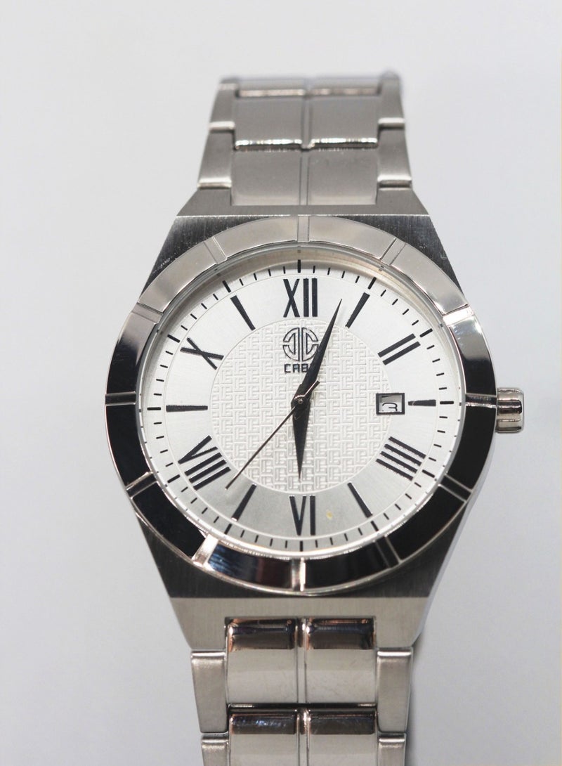 CABA Men's Watch, Elegant Design, Date Display, Roman Numbers, White Dial, Water Resistant And Rust Resistant, Stainless Steel, Silver - 3106890M - Image 1