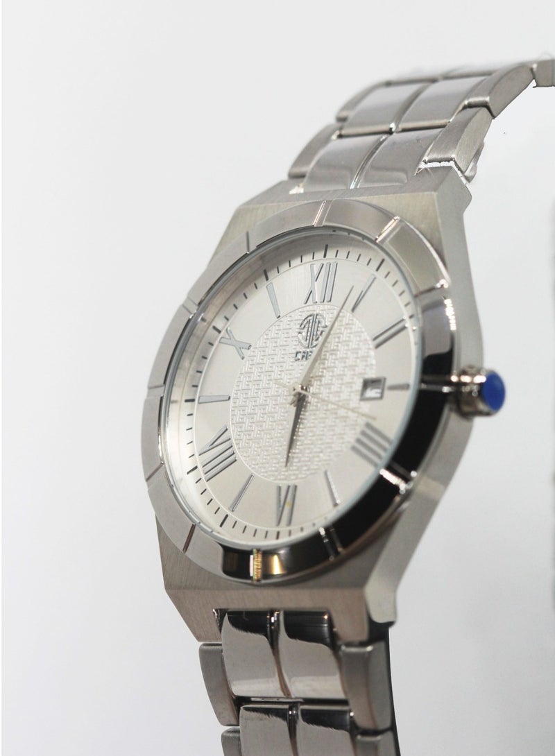 CABA Men's Watch, Elegant Design, Date Display, Roman Numbers, White Dial, Water Resistant And Rust Resistant, Stainless Steel, Silver - 3106890M - Image 2