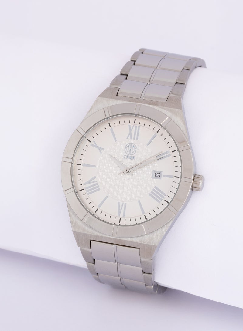 CABA Men's Watch, Elegant Design, Date Display, Roman Numbers, White Dial, Water Resistant And Rust Resistant, Stainless Steel, Silver - 3106890M - Image 4