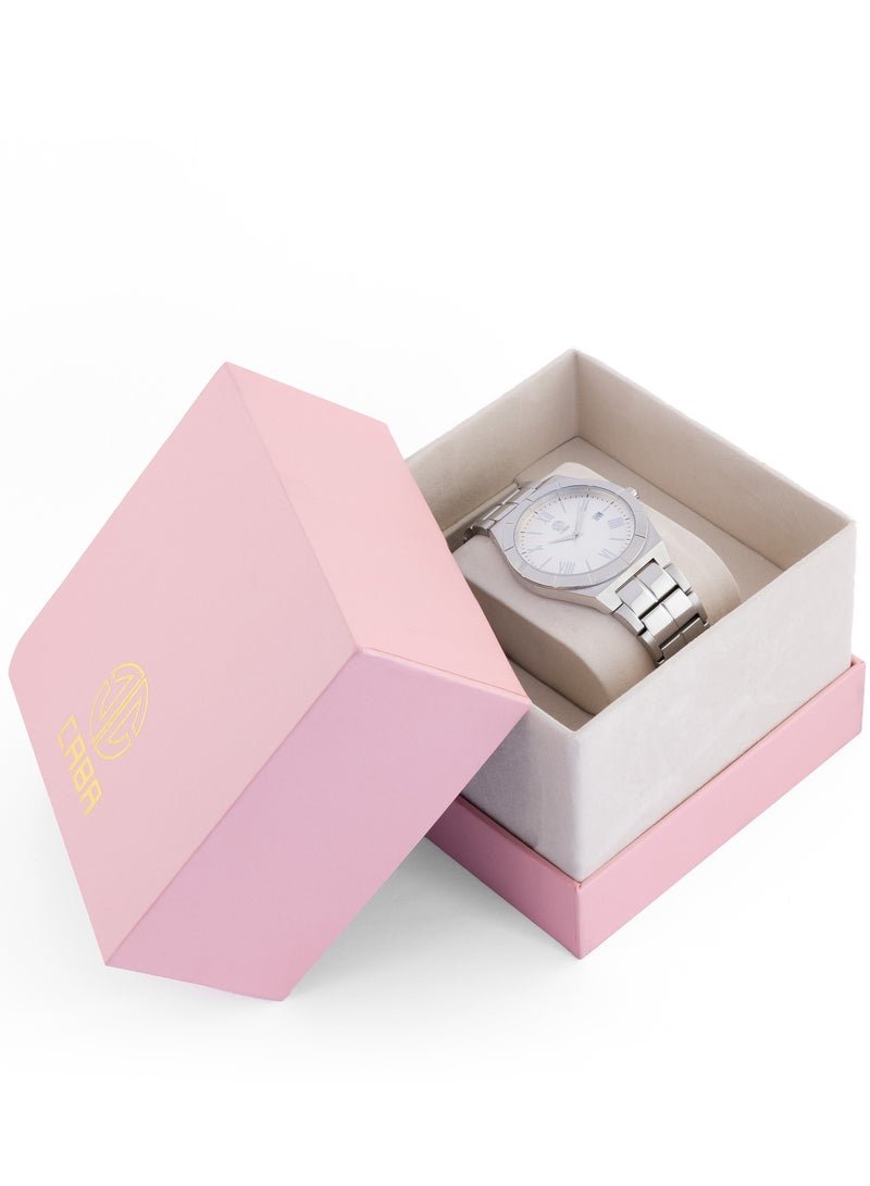 CABA Men's Watch, Elegant Design, Date Display, Roman Numbers, White Dial, Water Resistant And Rust Resistant, Stainless Steel, Silver - 3106890M - Image 5